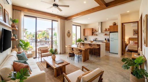 Interior view of a Downtown 2-Bedroom Condo in Playa del Carmen. The space is stylishly decorated with contemporary furniture, warm wood accents, and abundant natural light. It looks comfortable for a group, located in a vibrant downtown setting. High-end real estate photography style.