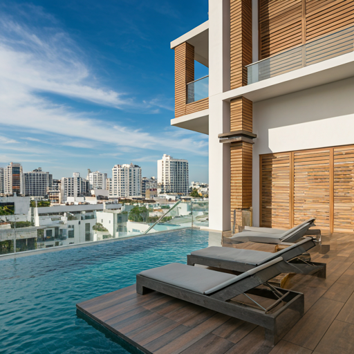 A stylish, cosmopolitan rooftop pool area of a modern condo building in central Playa del Carmen. The scene features sleek lounge chairs, a sparkling infinity edge pool, and views of the surrounding vibrant downtown. The aesthetic is high-end, contemporary, and sun-drenched.