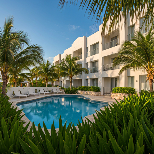 An elegant exterior view of a boutique condo building near the beach in Playa del Carmen. Lush tropical foliage surrounds a pristine private pool area. The architecture is modern and clean, bathed in golden hour sunlight, conveying a sense of serene luxury and proximity to the ocean.