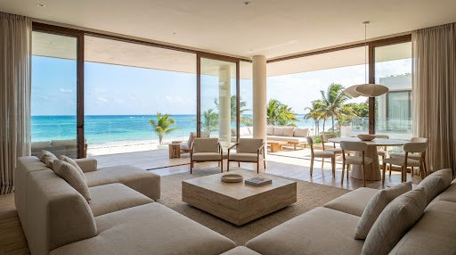 A bright, modern interior of a luxury one-bedroom condo in Playa del Carmen. Large windows let in abundant tropical sunlight, illuminating pristine white walls, sleek minimalist furniture, and subtle turquoise accents. The aesthetic is airy, clean, and sophisticated, reflecting a high-end coastal lifestyle.