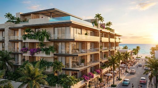 A spacious two-bedroom luxury apartment living room in downtown Playa del Carmen. The decor features modern Mexican design elements with warm wood tones, crisp white linens, and large sliding glass doors opening to a sun-drenched balcony. The mood is welcoming and stylish.