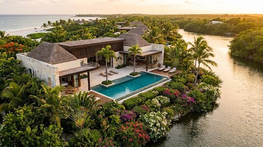 A breathtaking view of a secluded luxury villa in the Mayakoba jungle area. The property features expansive modern architecture blending seamlessly with lush green mangroves and tranquil lagoons. Soft, diffused lighting highlights high-end natural materials and expansive glass walls, creating a magical, secluded tropical retreat.